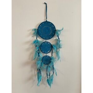 Teal Blue Crochet Dreamcatcher 3 Tier Boho Wall Hanging with Feathers and Beads